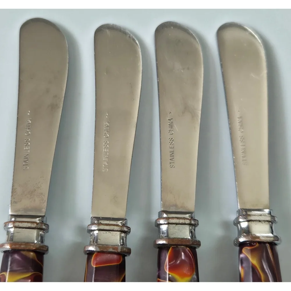 Set of 4 Marbled Resin Handle Butter Spreaders Stainless Steel  Swirl MCM like